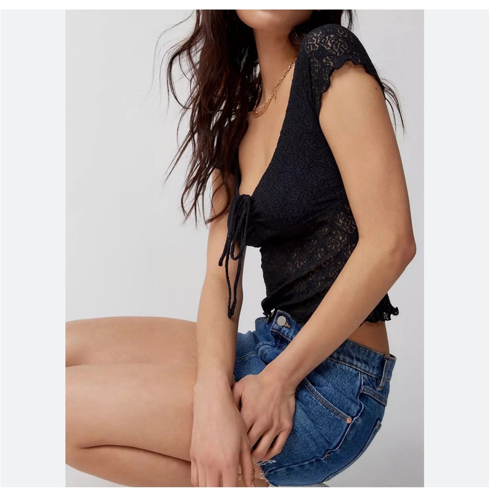 Black Lace Tie-Front Top